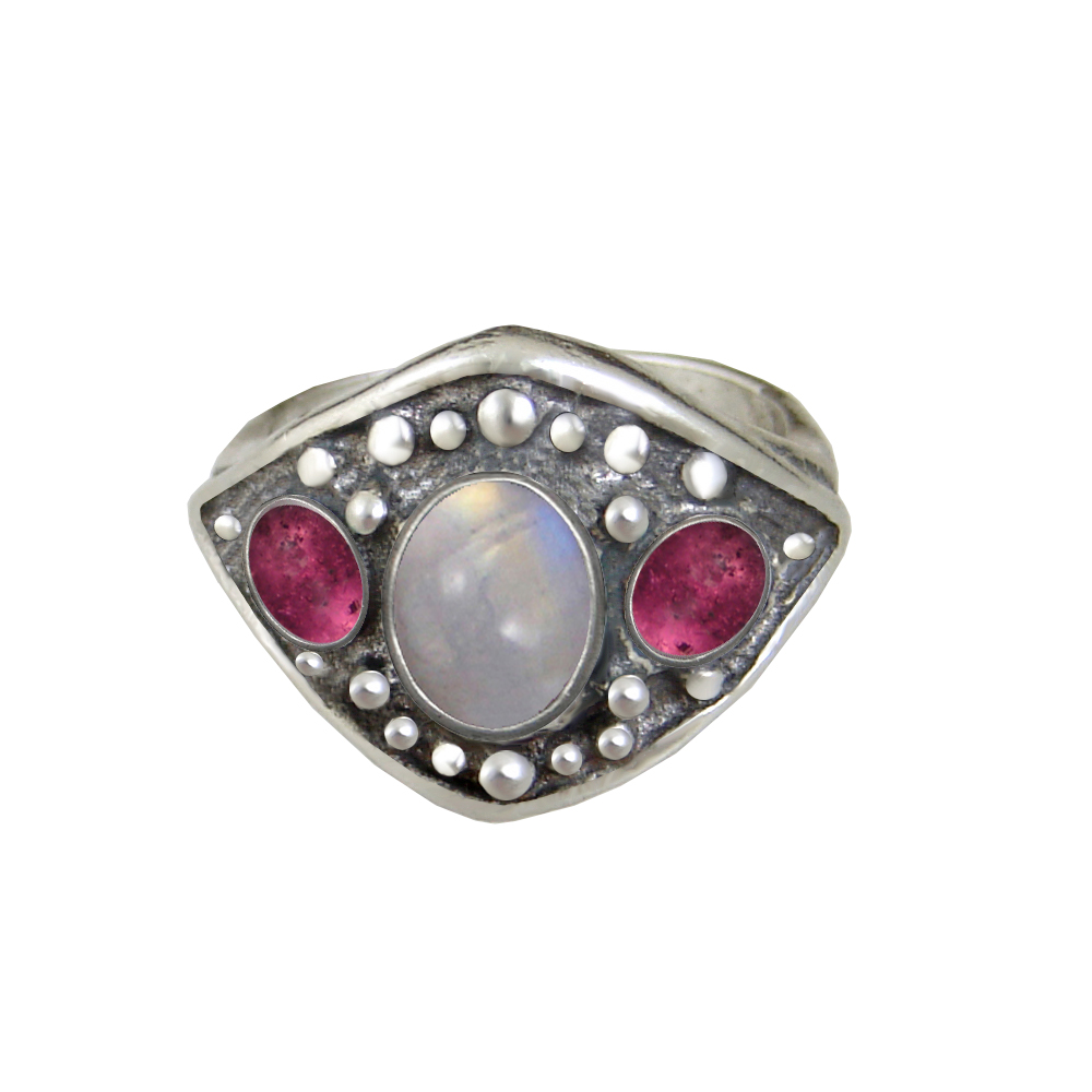 Sterling Silver Medieval Lady's Ring with Rainbow Moonstone And Pink Tourmaline Size 7